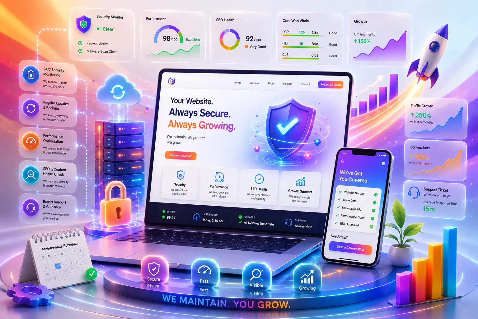 Secure website maintenance with performance monitoring, SEO health, backups, and continuous digital growth Secure website maintenance with performance monitoring, SEO health, backups, and continuous digital growth